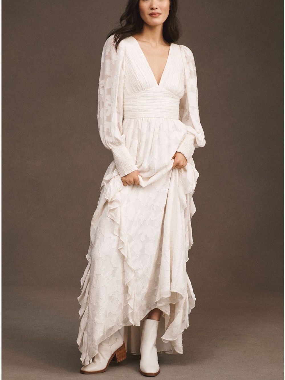BHLDN Cream Lace V-Neck Long Sleeve Maxi Dress